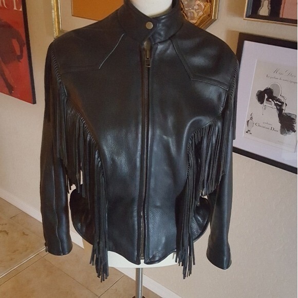 Black Leather Fringe Motorcycle Biker Vintage Jacket‎ with Silver Hardware - Picture 5 of 12